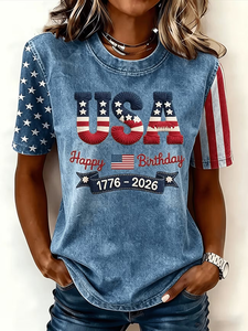 Image of Women's Short Sleeve T-shirt Summer Blue Independence Day (Flag) Printing Jersey Crew Neck Daily Going Out Casual Top