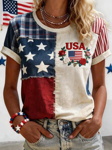 Image of Women's Short Sleeve T-shirt Summer As Picture Independence Day (Flag) Printing Jersey Crew Neck Daily Going Out Casual Top