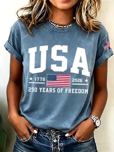 Image of Women's Short Sleeve T-shirt Summer Blue Independence Day (Flag) Printing Jersey Crew Neck Daily Going Out Casual Top