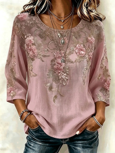 Image of 3D Printing Loose Crew Neck Boho Blouse