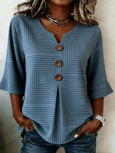 Image of Women's Half Sleeve Blouse Summer Blue Striped Printing V Neck Daily Going Out Vintage Top