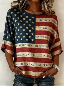 Image of Women's Half Sleeve Blouse Summer As Picture Independence Day (Flag) Printing Crew Neck Daily Going Out Vintage Top