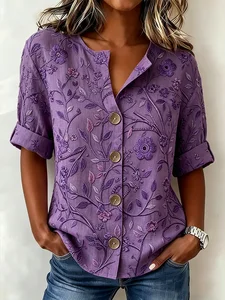 Image of Women's Purple Floral Print Blouse Short Sleeve Button Down Casual Top