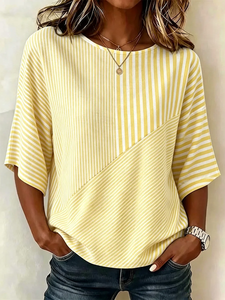 Image of Women's Half Sleeve Blouse Summer Yellow Striped Printing Crew Neck Daily Going Out Vintage Top