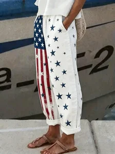 Image of Women's H-Line Baggy Pants Daily Going Out Pants White Casual Printing Independence Day (Flag) Spring/Fall Pants