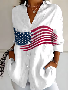 Image of Women's Long Sleeve Shirt Spring/Fall White America Flag Buckle Shirt Collar Regular Sleeve Daily Going Out Casual Top