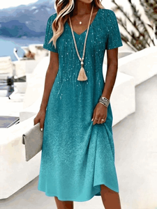 Image of Teal Gradient Print Tummy Coverage Short Sleeve V Neck Midi Dress
