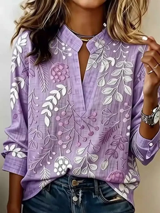 Image of Women's Long Sleeve Blouse Spring/Fall Gray Floral Printing V Neck Daily Going Out Vintage Top