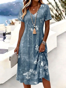Image of Blue Floral Print Tummy Coverage Short Sleeve V Neck Midi Dress
