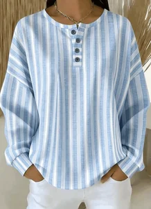 Image of Striped Henley Collar Casual Loose Sweatshirt