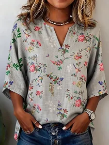 Image of Women's Half Sleeve Blouse Summer Gray Floral Printing V Neck Daily Going Out Casual Top
