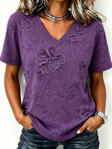 Image of Women's Short Sleeve T-shirt Summer Purple Floral Printing V Neck Holiday Going Out Vintage Top
