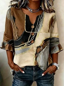 Image of Women's Half Sleeve Blouse Summer Brown Abstract Printing V Neck Daily Going Out Vintage Top