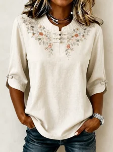Image of Vintage Floral Printing Mandarin Collar Blouse