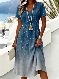 Image of Leaf Regular Fit V Neck Vintage Dress With No