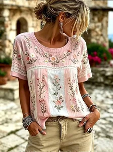 Image of Cotton And Linen Crew Neck Simple T-Shirt