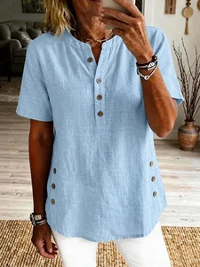 Image of Cotton And Linen Stand Collar Short Sleeve Button Summer Daily Going Out Casual Shirt