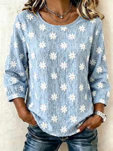 Image of Women's Half Sleeve Blouse Summer Blue Floral Printing Crew Neck Daily Going Out Vintage Top