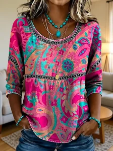 Image of Women's Half Sleeve Blouse Summer Pink Floral Printing Crew Neck Daily Going Out Casual Top