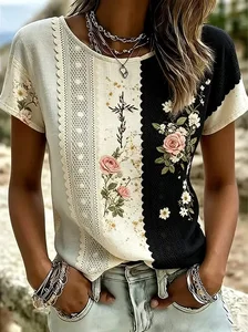 Image of Women's Short Sleeve T-shirt Summer Black Floral Printing Crew Neck Daily Going Out Casual Top