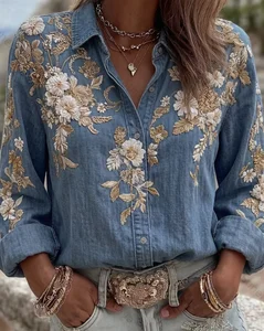 Image of Women's Long Sleeve Shirt Spring/Fall Blue Floral Buckle Shirt Collar Daily Going Out Casual Top