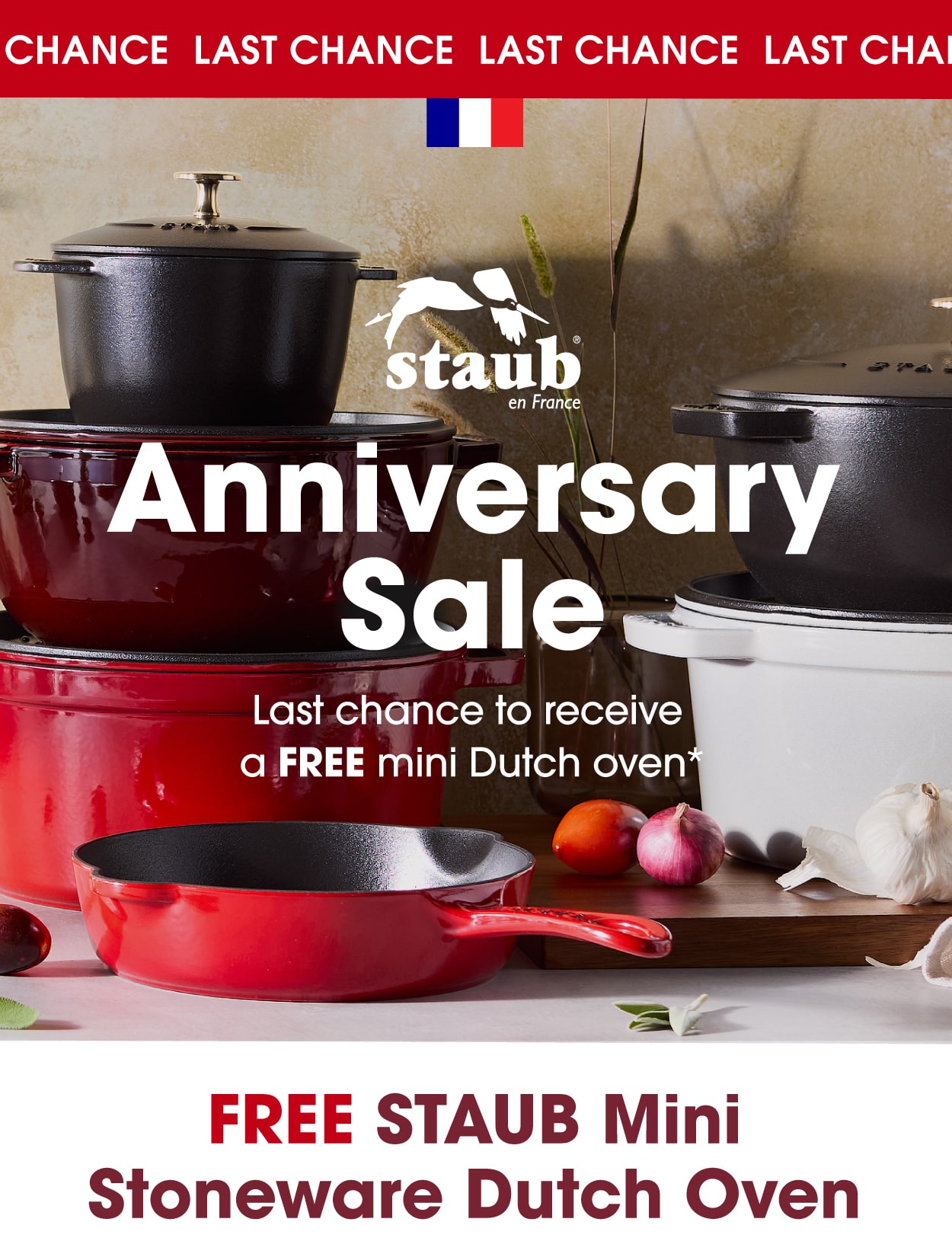 Last Chance to Shop STAUB Anniversary Sale and receive a FREE mini stoneware Dutch oven.