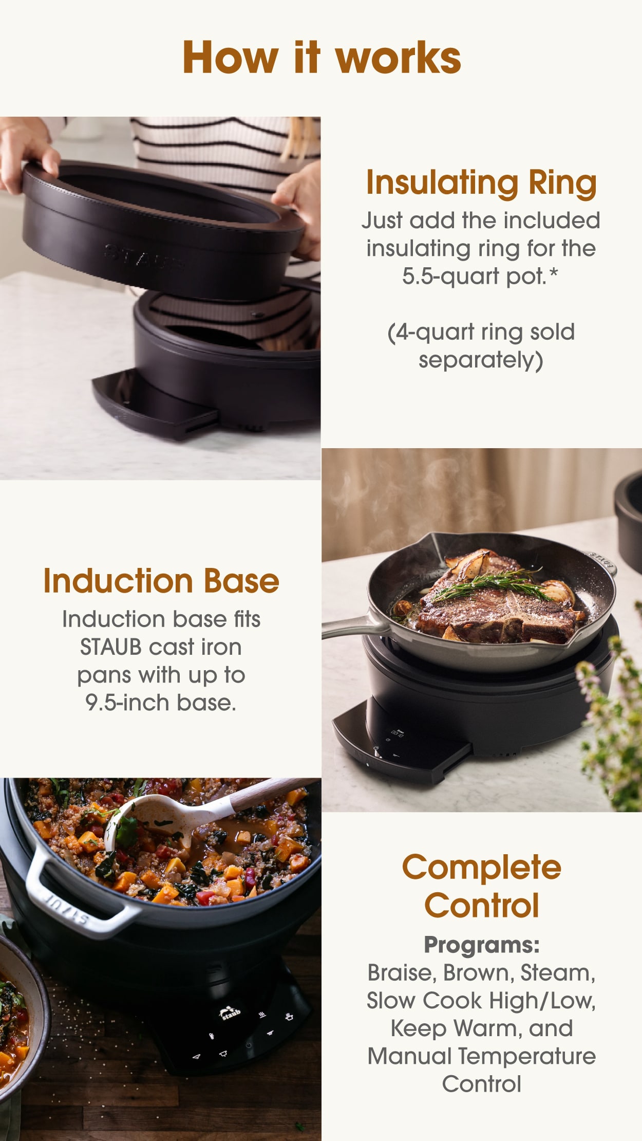 Add the insulating ring, place on the induction base, and choose your program: braise, brown, steam, slow cook, keep warm, or manual temperature.