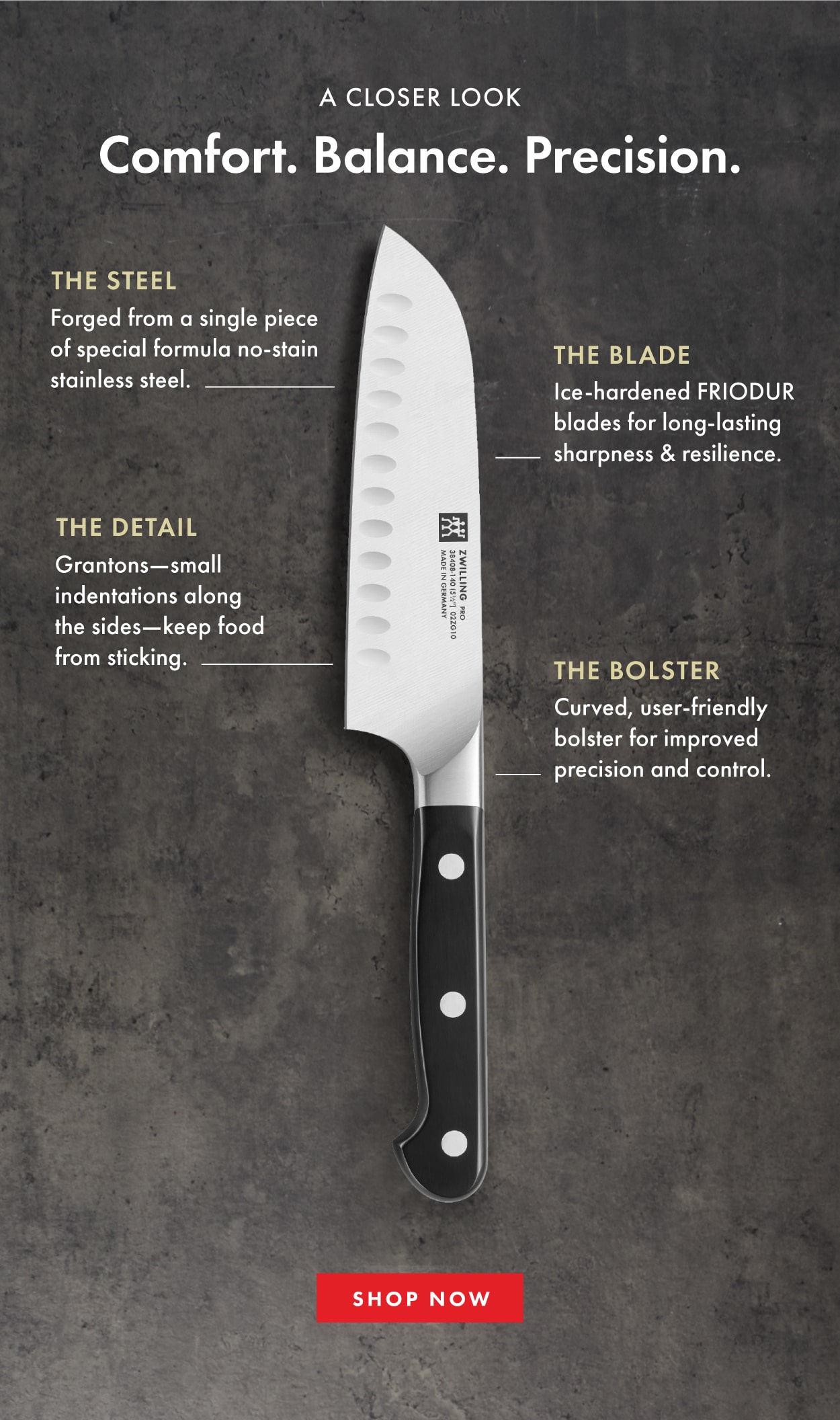 A hollow-edge has small indentations along the sides to keep food from sticking.