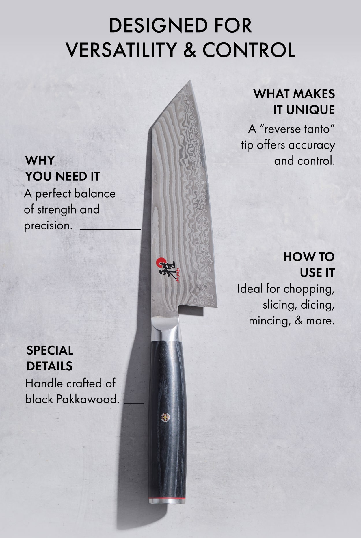 Designed for Versatility & Control: A "reverse tanto" tip offers accuracy and control. Ideal for chopping, slicing, dicing, mincing and more.