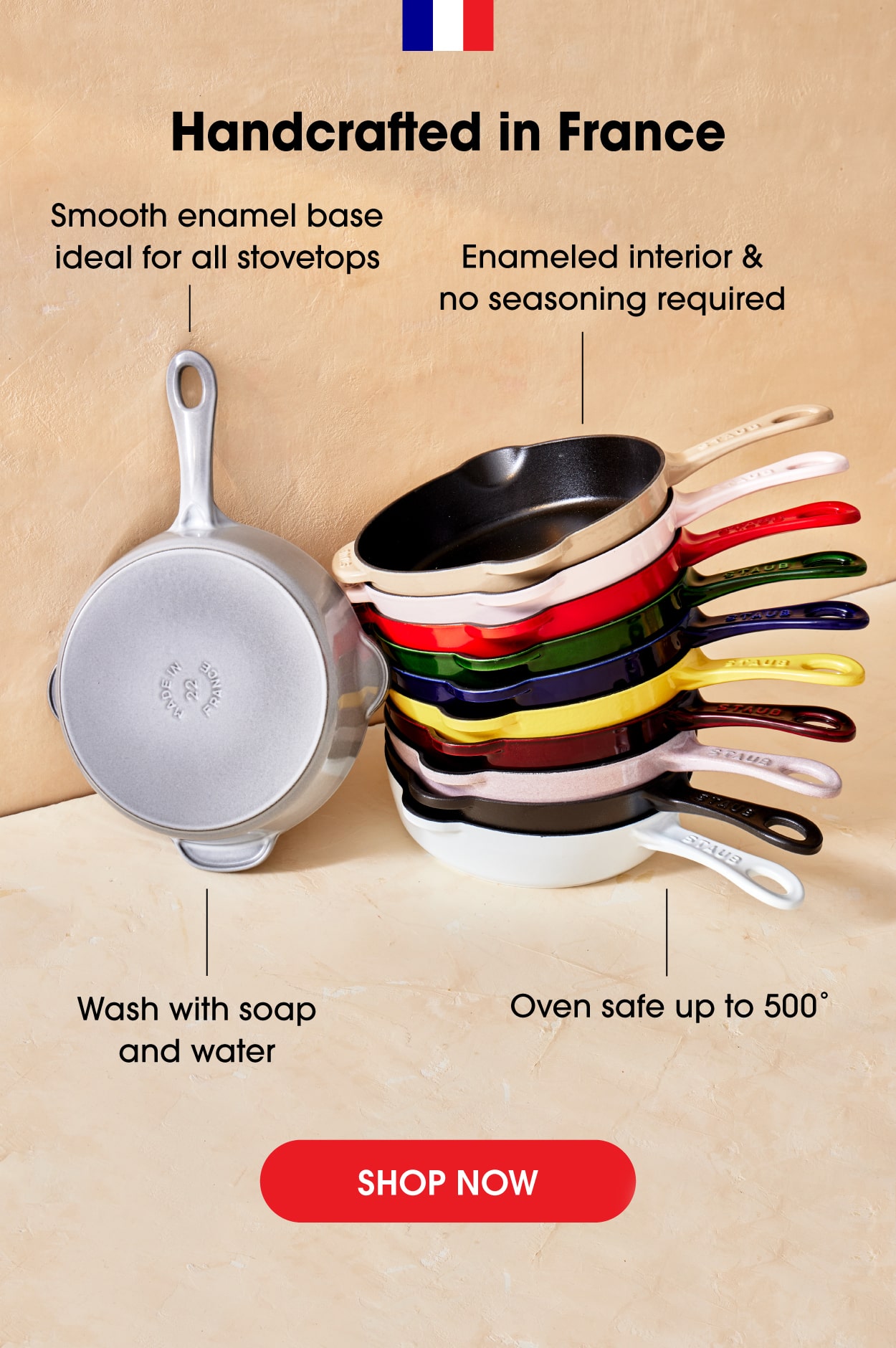 No seasoning required, oven safe up to 500 degrees, and can be washed with soap and water!