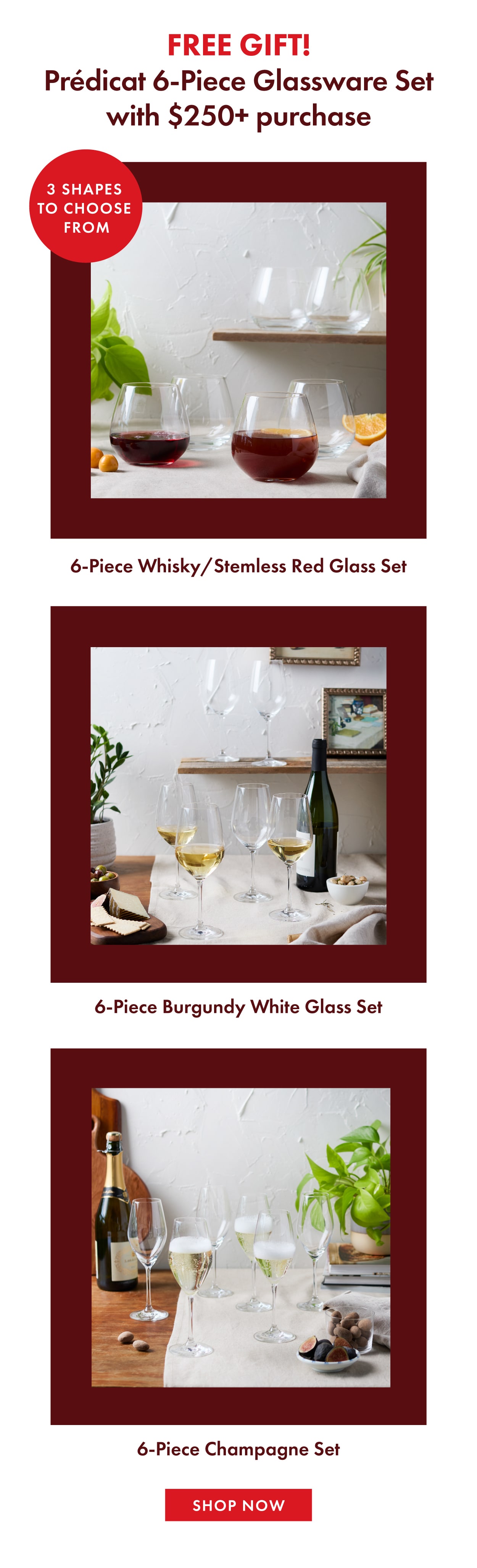 Spend $250+ and Receive Prédicat 6-Piece Glassware Set: Choose from stemless set, Burgundy white set, or Champagne set.