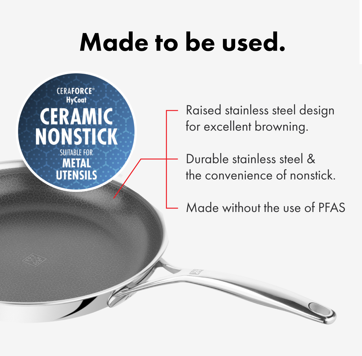Ceramic nonstick, suitable for metal utensils. Raised Stainless steel design for excellent browning,