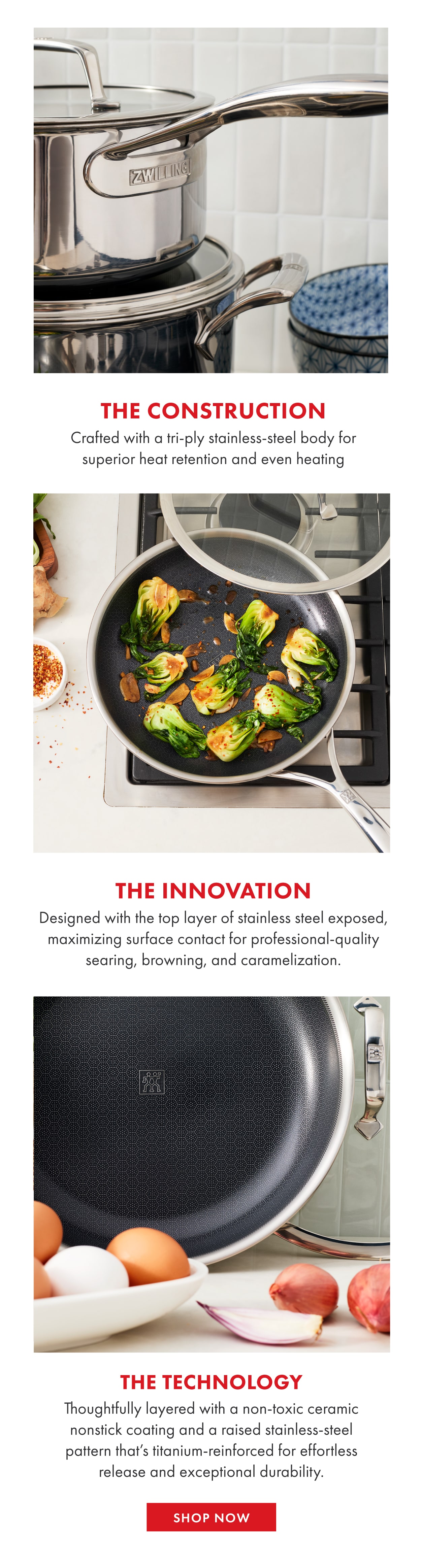 Tri-ply stainless steel with non-toxic ceramic nonstick coating. Raised stainless steel pattern for release.