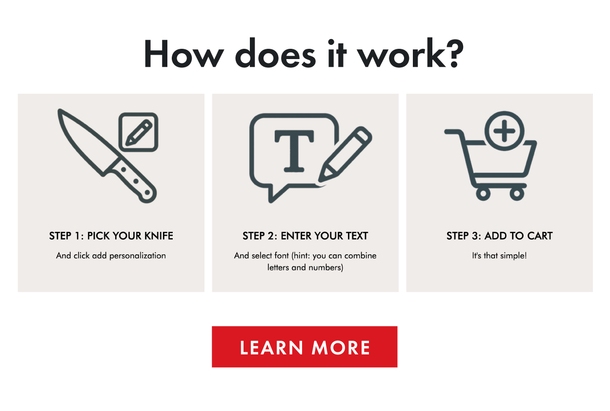 Pick your knife, enter your text, add to your cart!