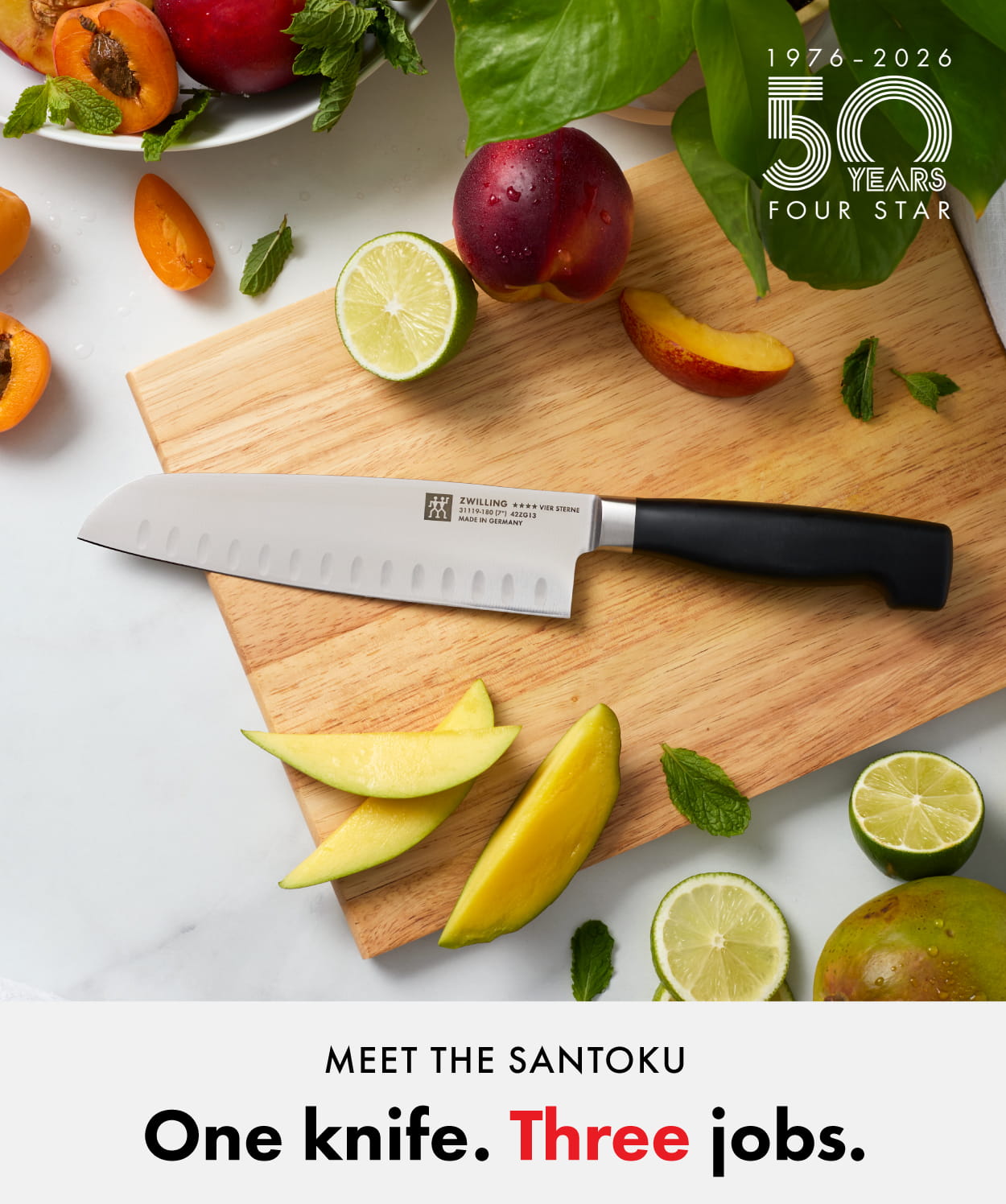 ZWILLING Four Star Santoku. One knife. Three jobs.