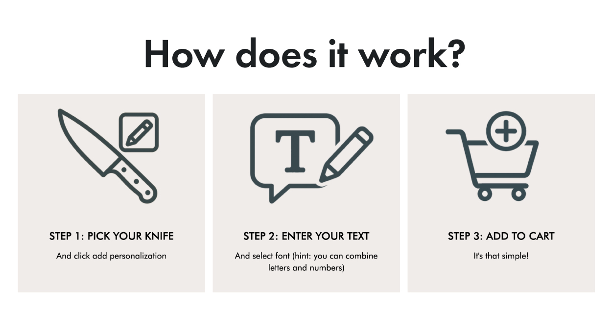Pick your knife, enter your text, add to your cart!